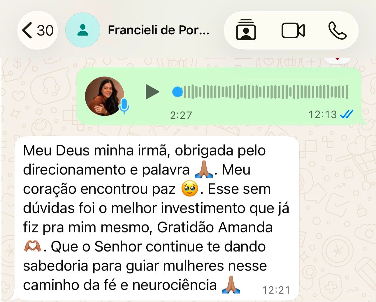 Depoimento de Francieli sobre direcionamento e paz na Formação TCI